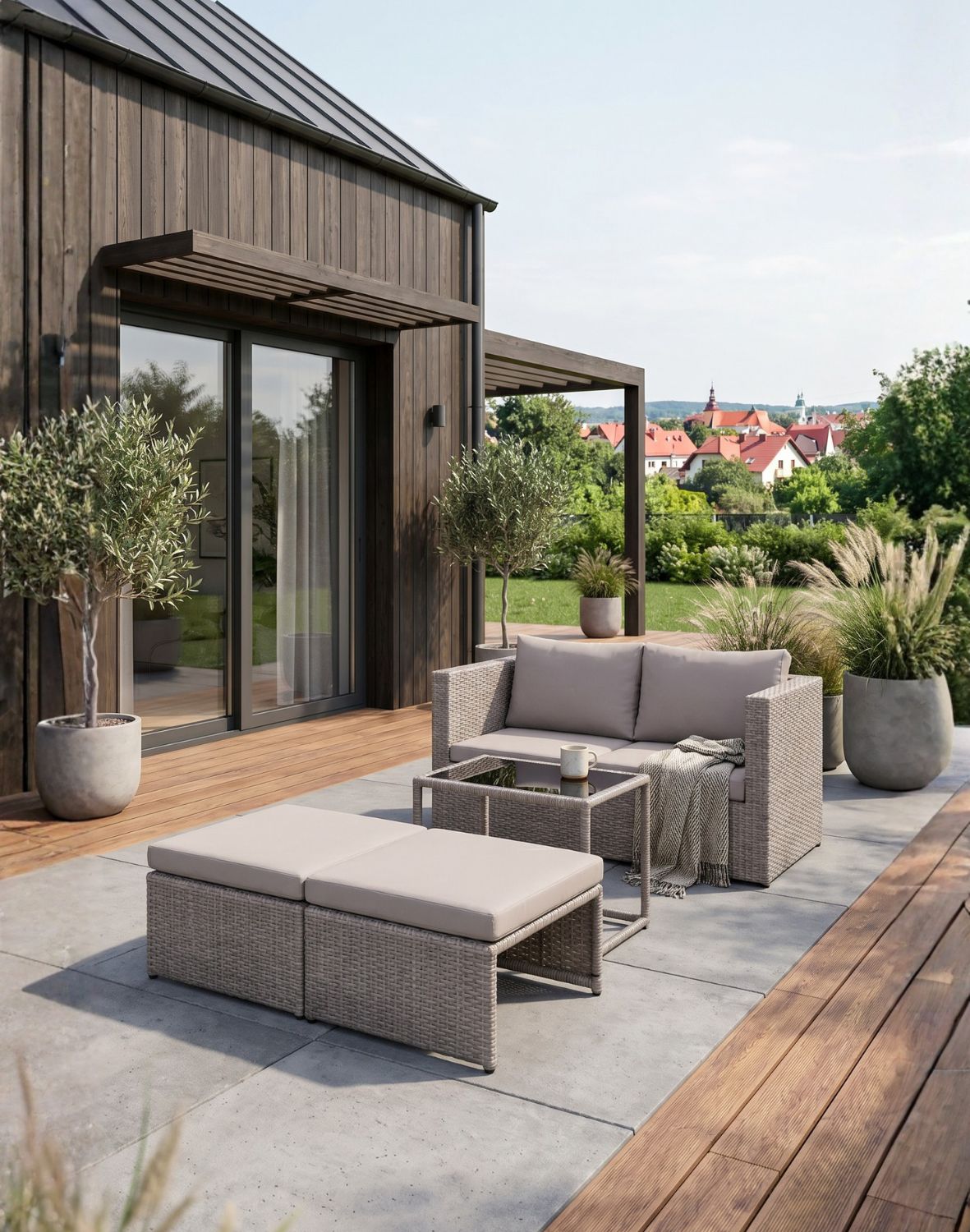 zestaw ogrodowy capri 6w1, technorattan, modułowy, brązowo-szary
