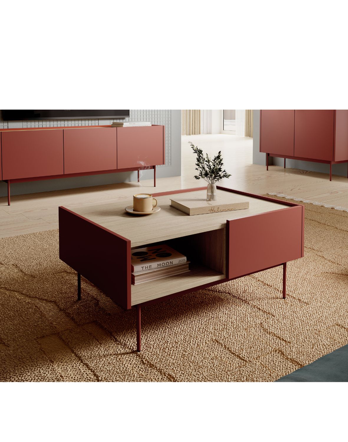 stolik kawowy z szufladami color l-97 ceglasty/dąb linea