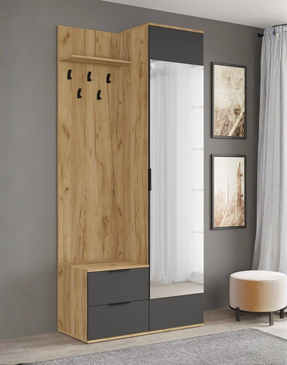 garderoba do przedpokoju z lustrem coral, dąb złoty/antracyt