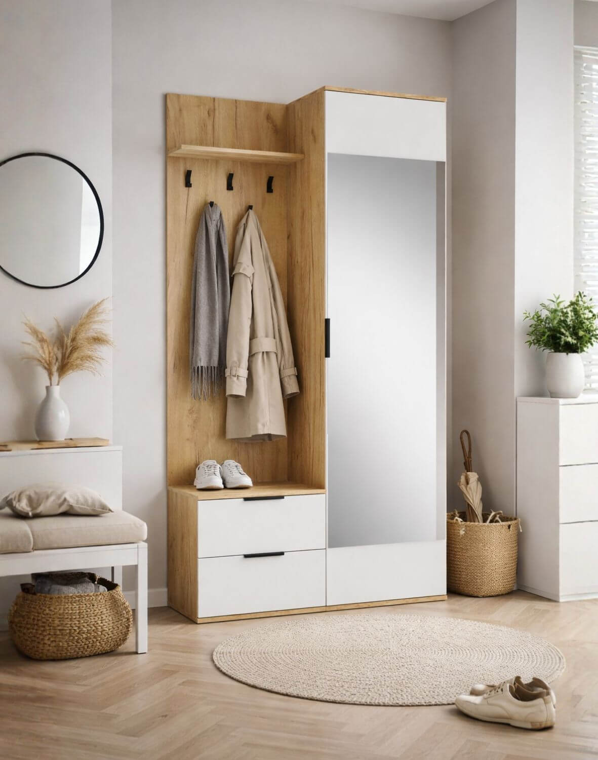 garderoba do przedpokoju z lustrem coral, dąb złoty/biały