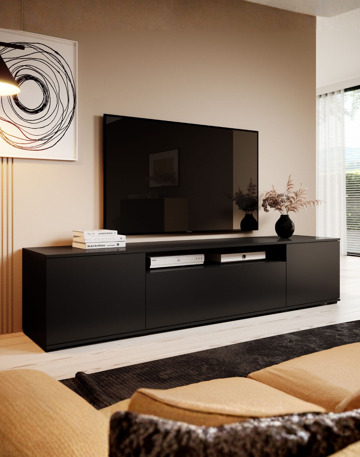 czarna szafka rtv logan 200 na niskich nóżkach