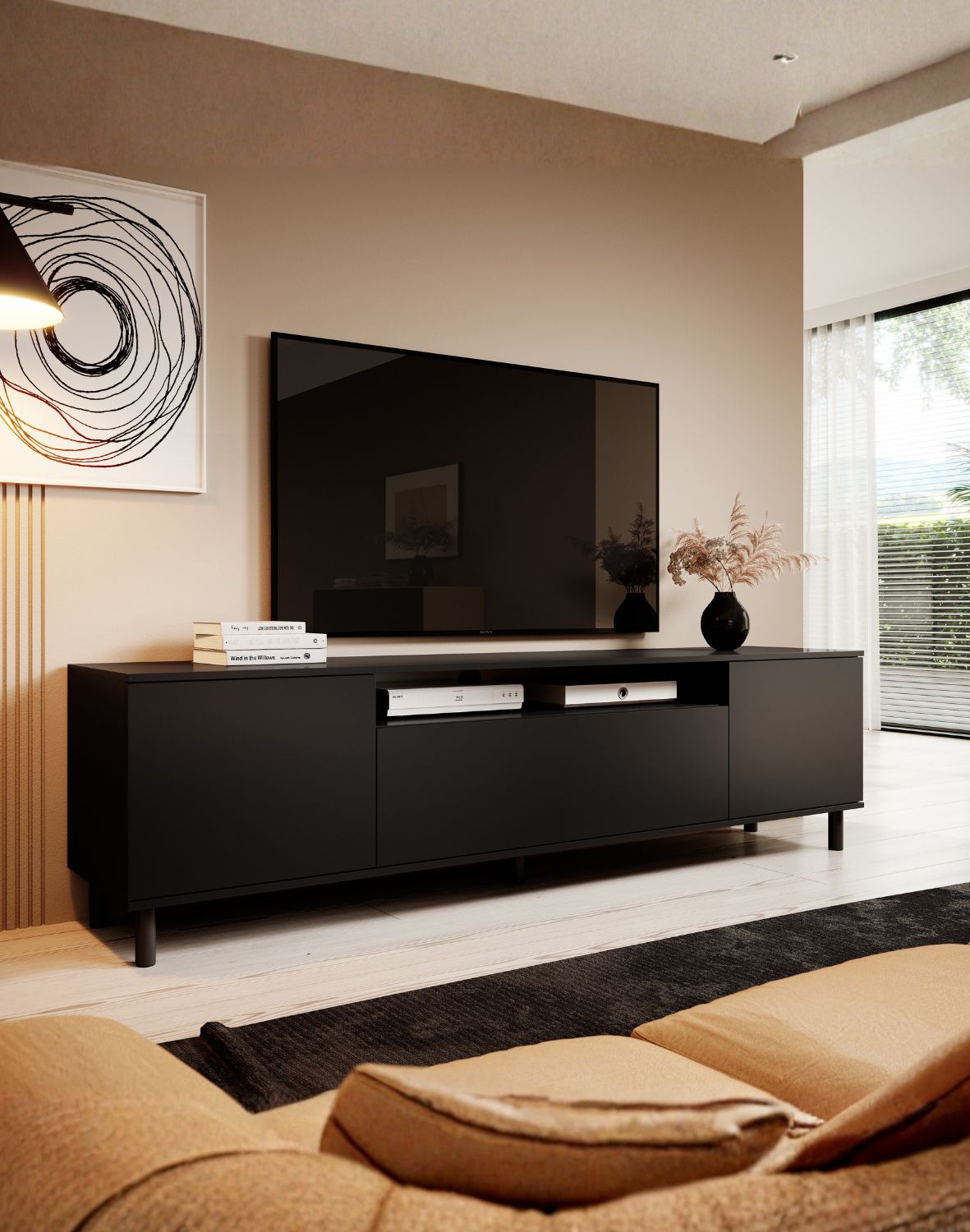 czarna szafka rtv logan 200 na wysokich nóżkach