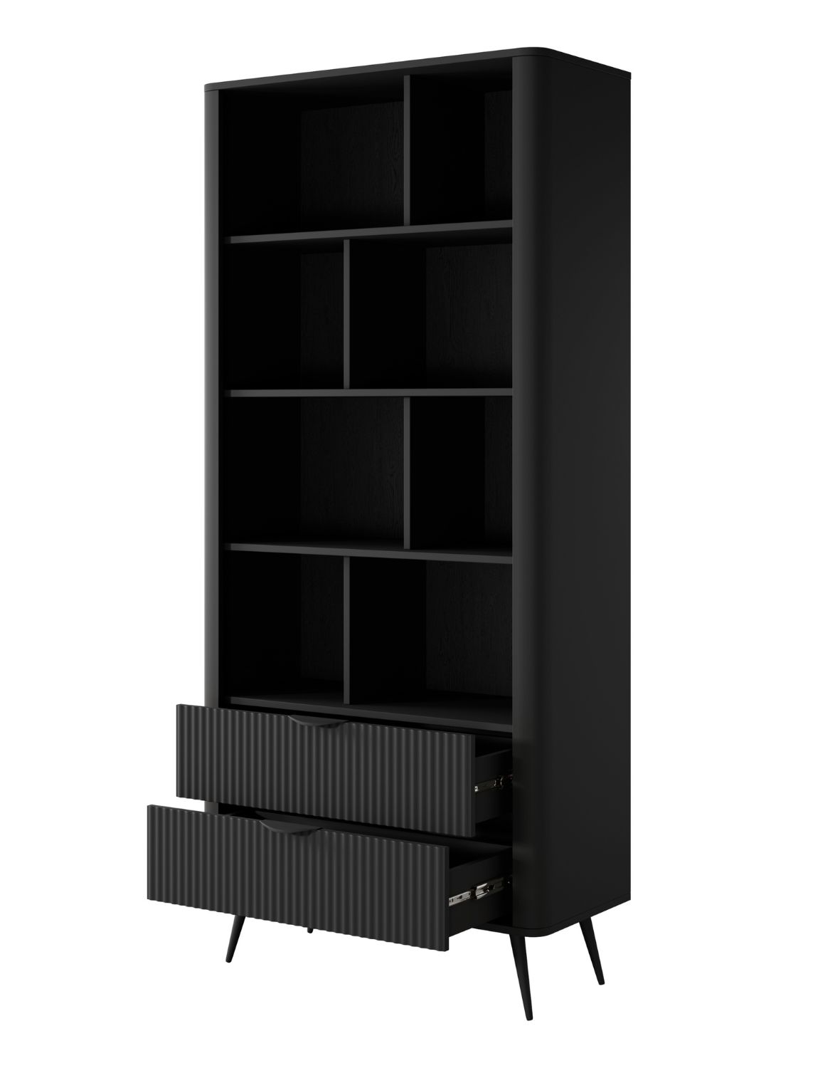 czarny regał na książki z szufladami lante 1