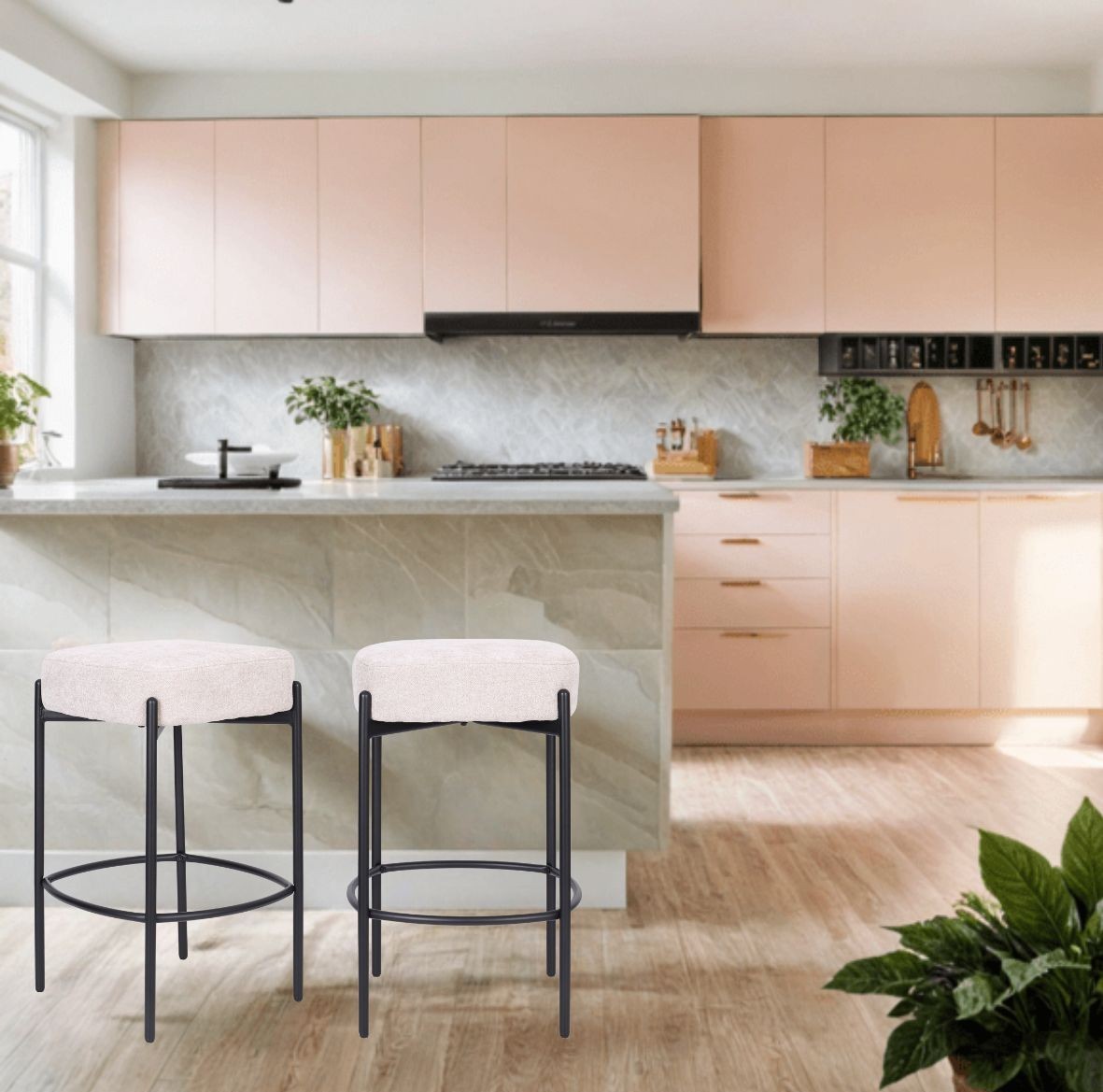 kwadratowy hoker do kuchni z podnóżkiem dolly, beż