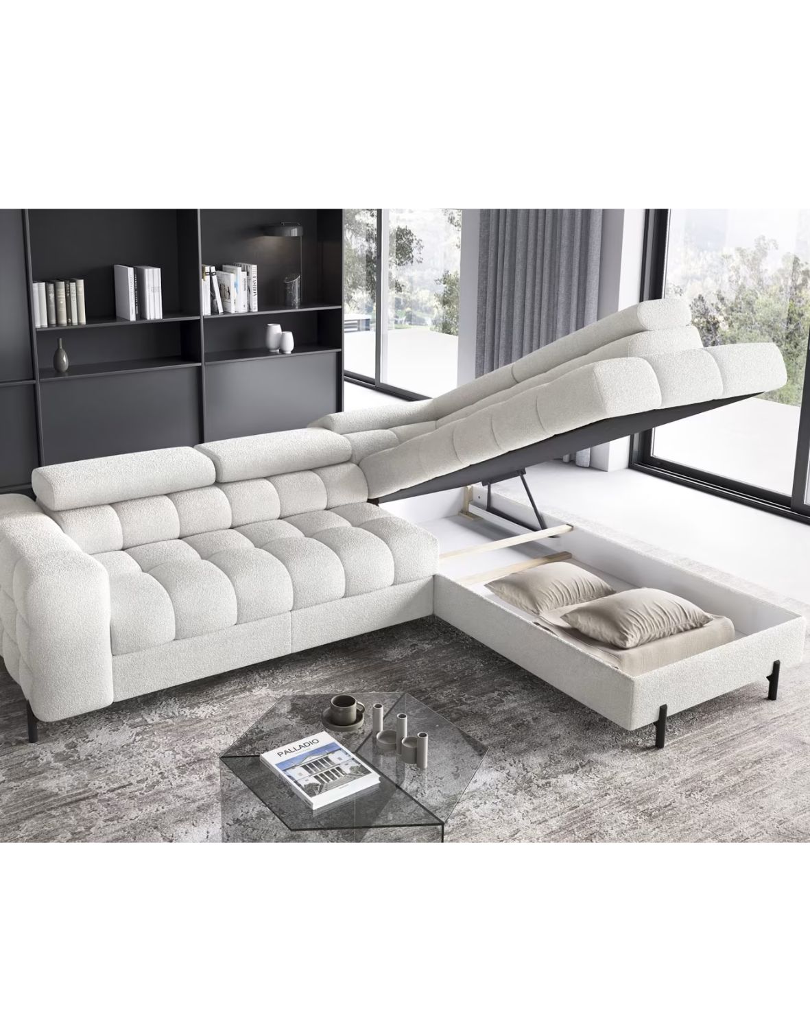 narożnik ferucce z funkcją spania i pojemnikiem, regulowane zagłówki - dostawa express