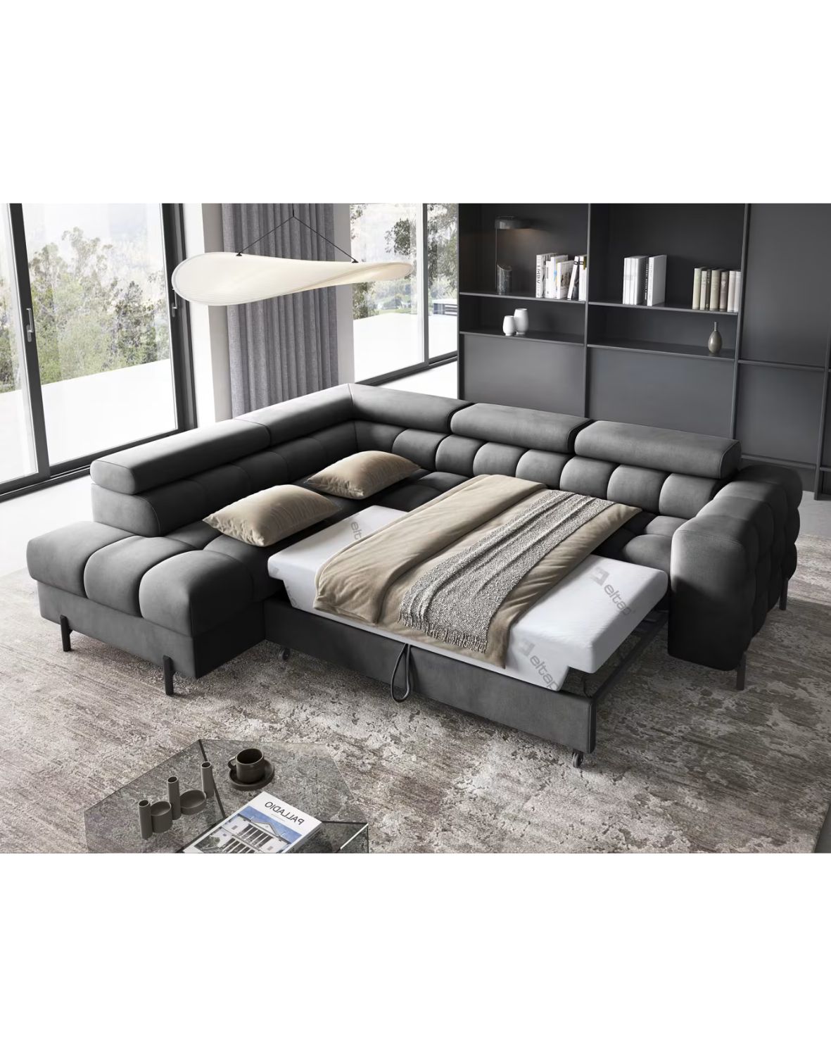 narożnik ferucce z funkcją spania i pojemnikiem, regulowane zagłówki - dostawa express