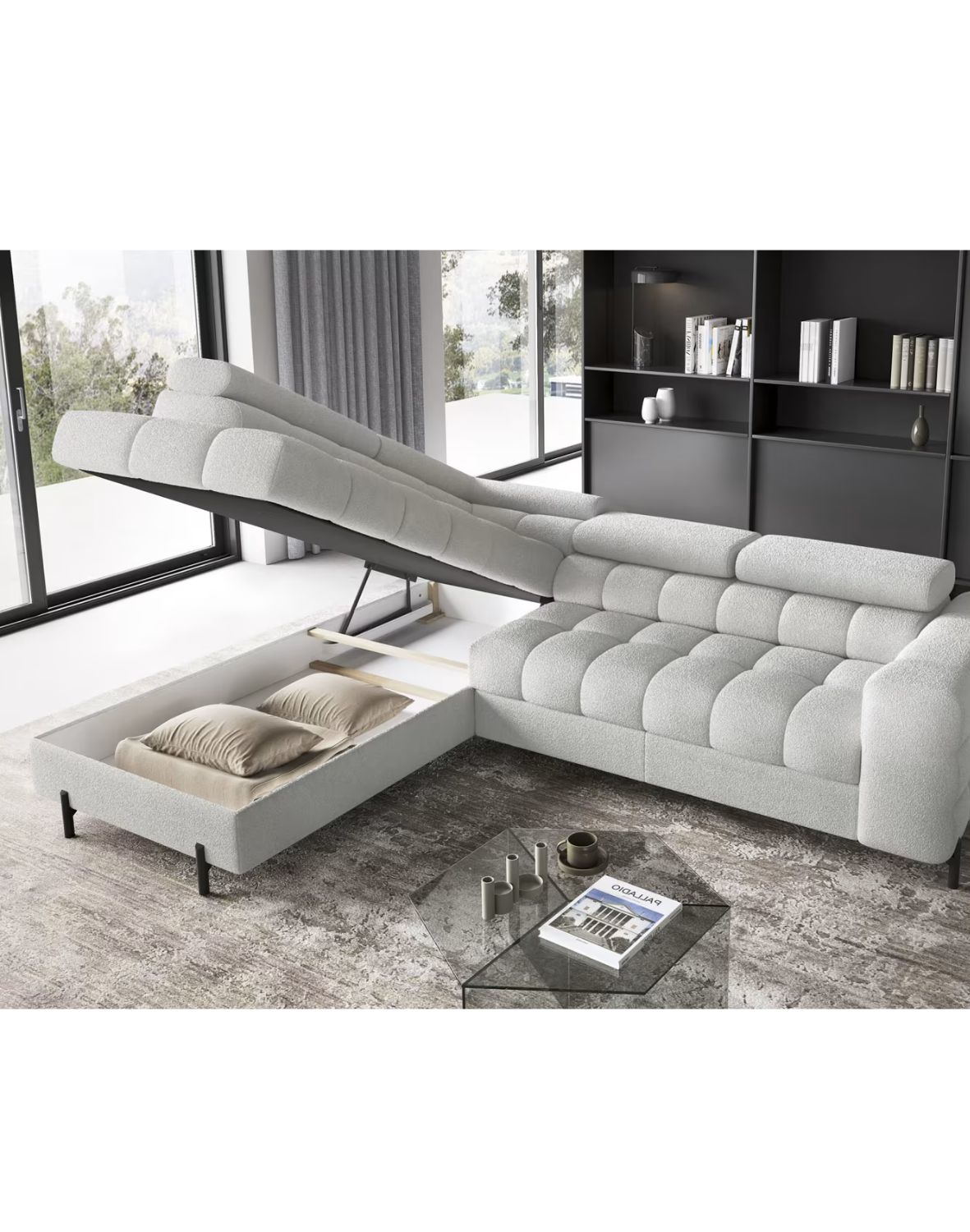 narożnik ferucce z funkcją spania i pojemnikiem, regulowane zagłówki - dostawa express