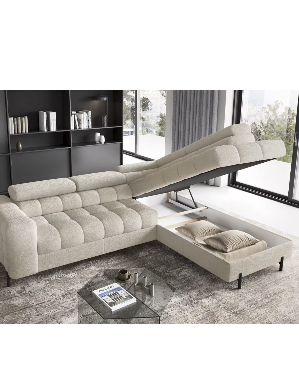 narożnik ferucce z funkcją spania i pojemnikiem, regulowane zagłówki - dostawa express