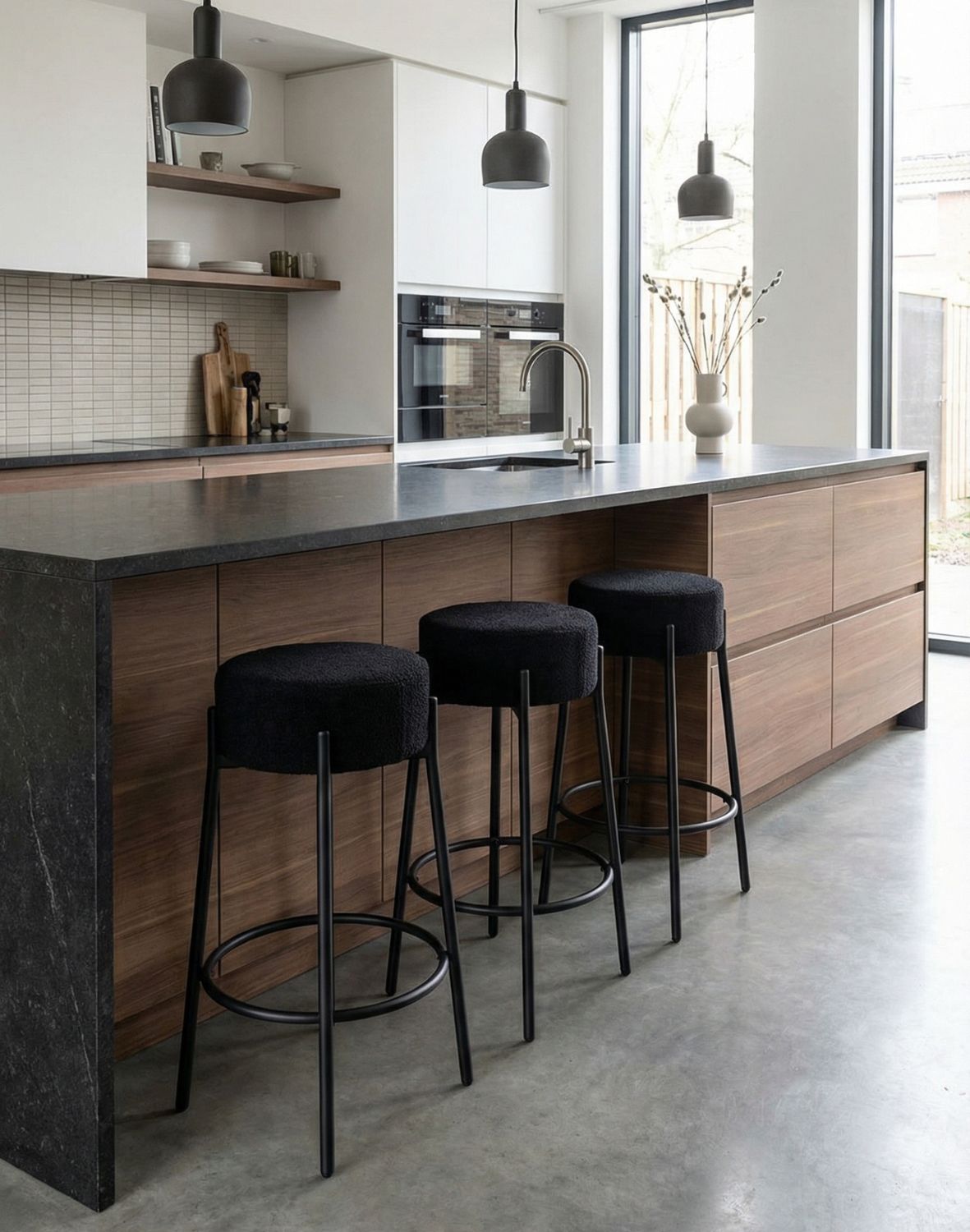 okrągły hoker do kuchni z podnóżkiem holly, tapicerowany, czarny