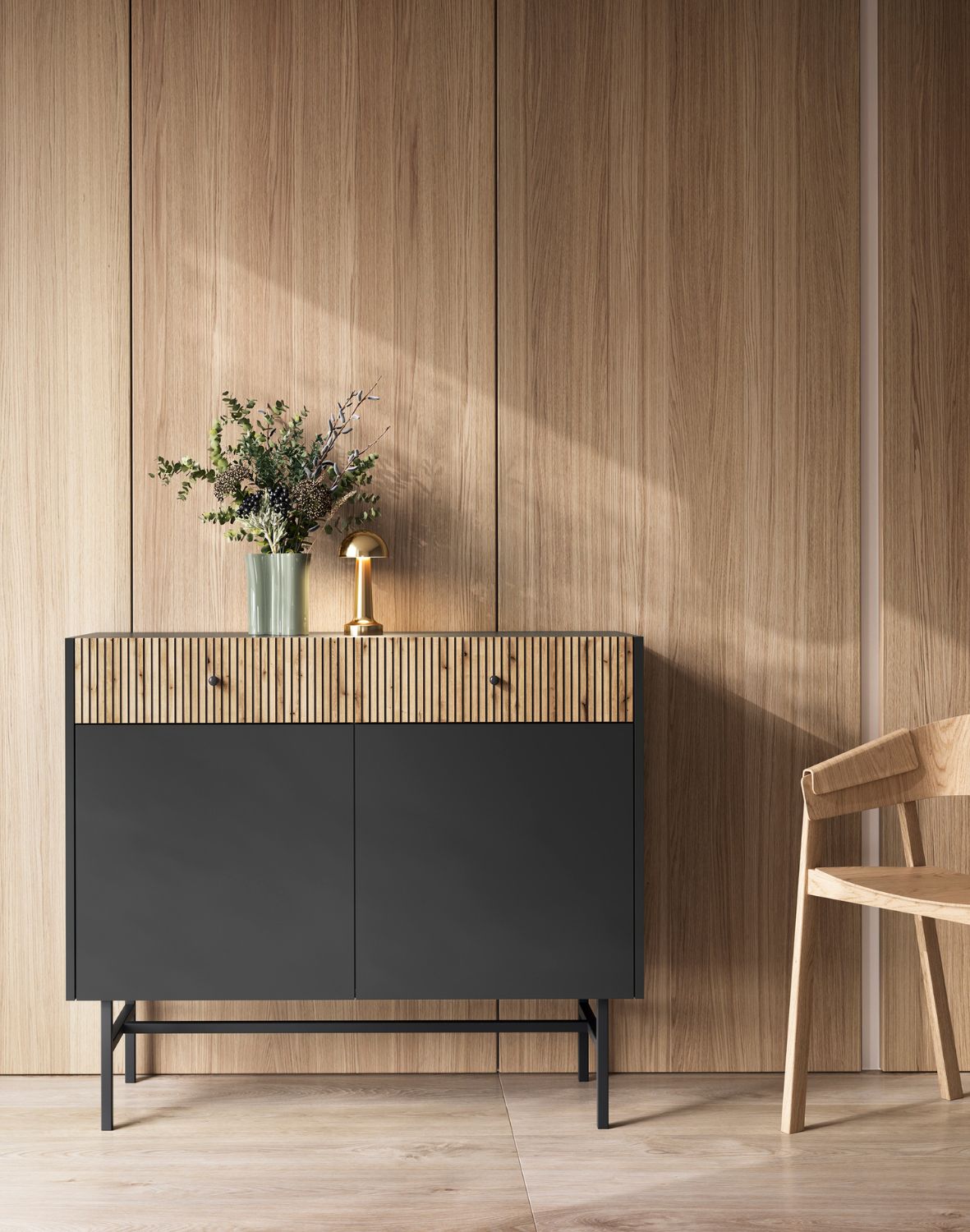 Komoda czarny mat, lamele Diva z 2 szufladami i 2 szafkami (2D2SZ) 104 cm