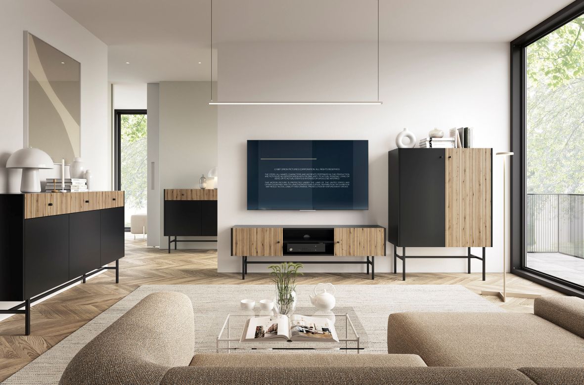 Komoda czarny mat, lamele Diva z 3 szufladami i 3 szafkami (3D3SZ) 155 cm