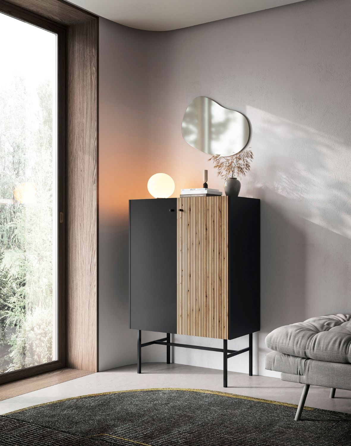 Komoda z drzwiami Diva czarny mat i lamele 93 cm