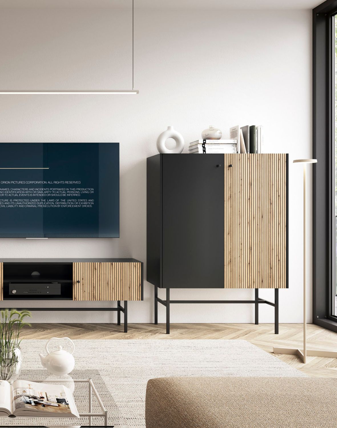 Komoda z drzwiami Diva czarny mat i lamele 93 cm