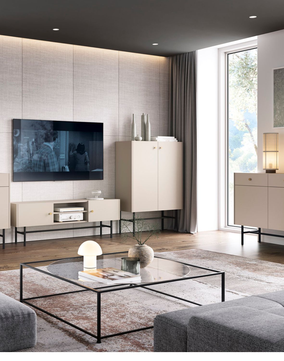 Komoda kaszmirowa Diva z drzwiami i półkami na metalowym stelażu 93 cm