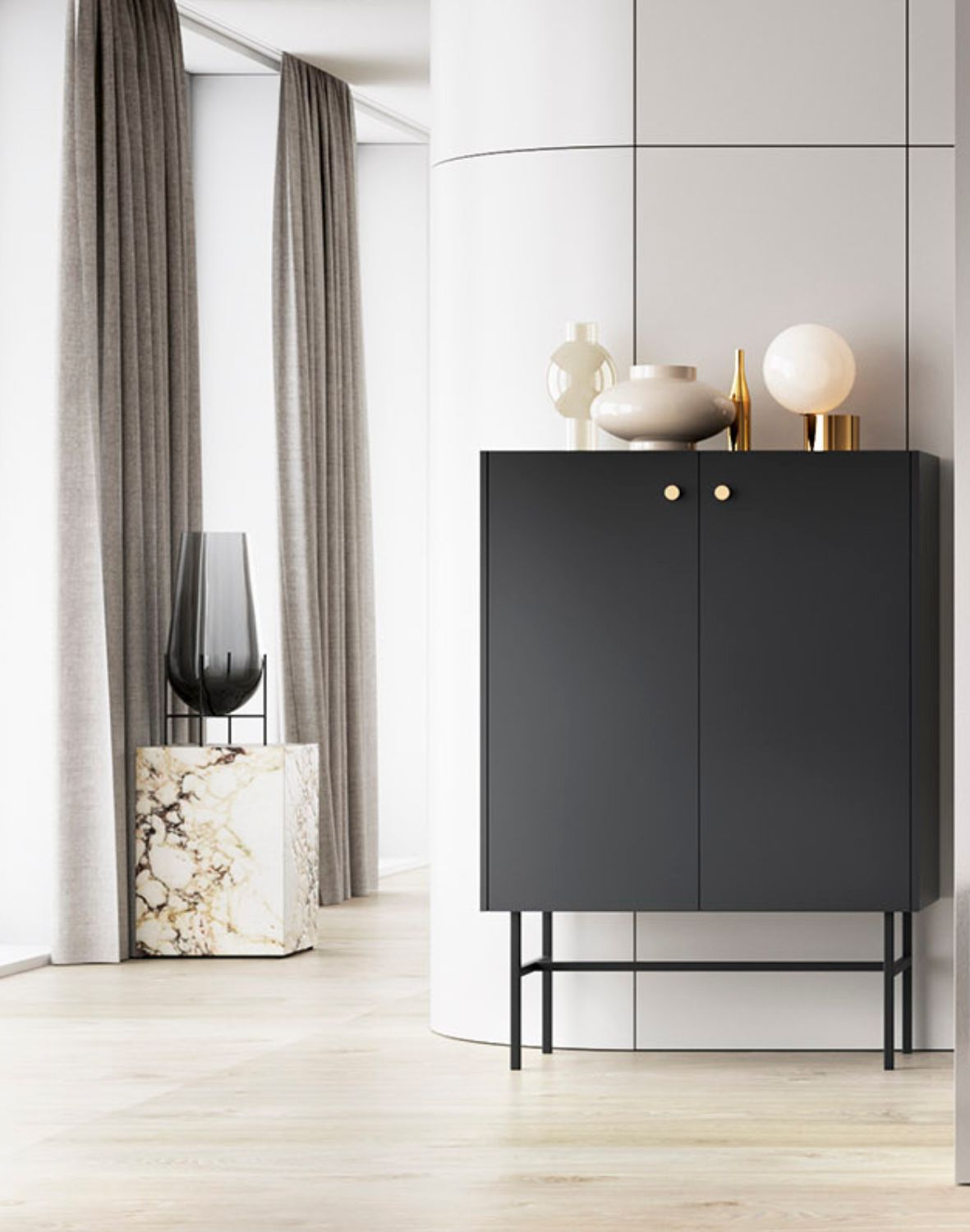 Komoda czarna Diva z drzwiami i półkami na metalowym stelażu 93 cm