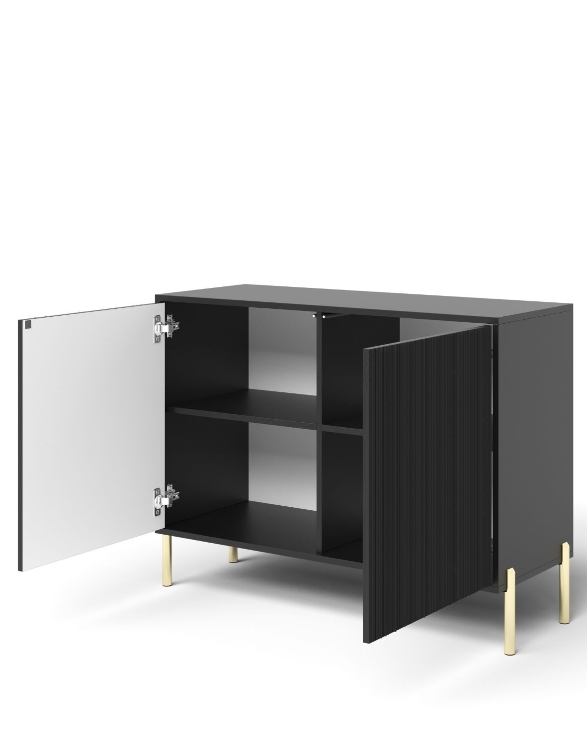 Komoda Oslo 104 cm – Czarna z Ryflowanym Frontem i Złotymi Nóżkami