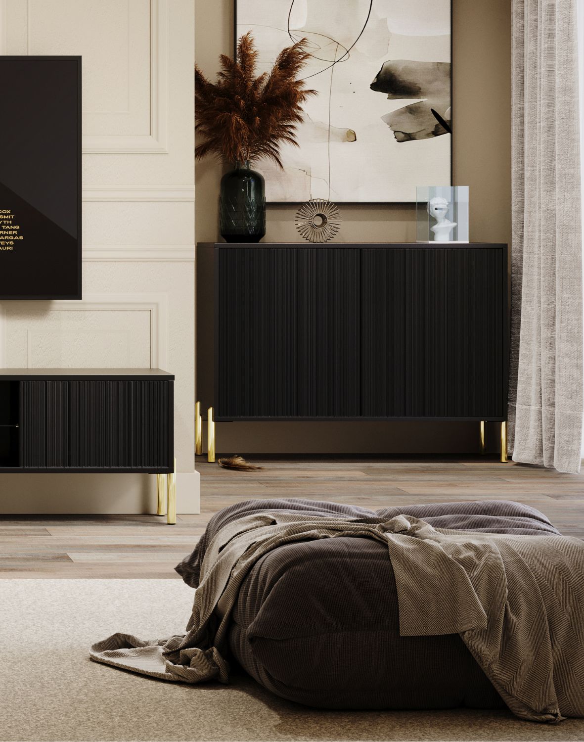 Komoda Oslo 104 cm – Czarna z Ryflowanym Frontem i Złotymi Nóżkami
