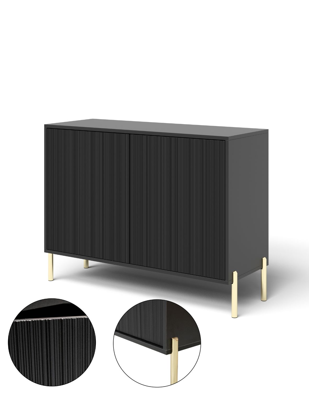 Komoda Oslo 104 cm – Czarna z Ryflowanym Frontem i Złotymi Nóżkami