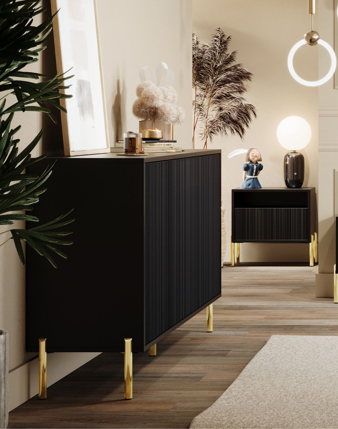 Komoda Oslo 154 cm – Czarna z Ryflowanym Frontem i Złotymi Nóżkami