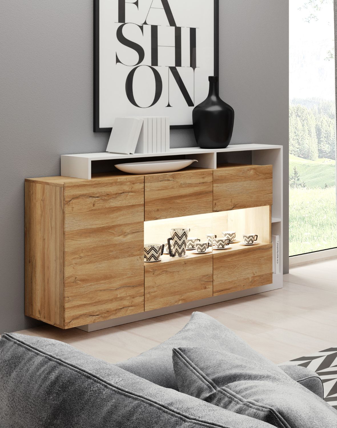 nowoczesna komoda z przeszkleniem alva