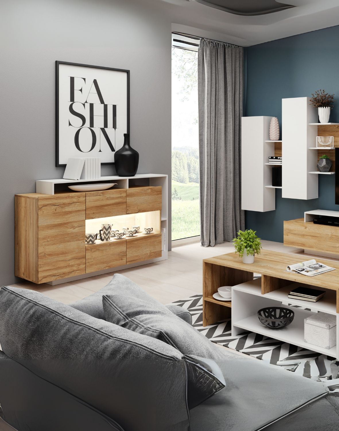 nowoczesna komoda z przeszkleniem alva