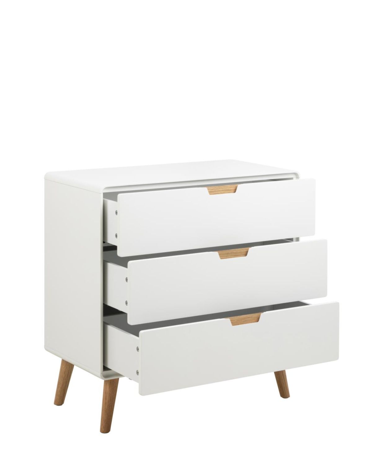 biała komoda lowell z 3 szufladami i dębowymi nogami (05740)