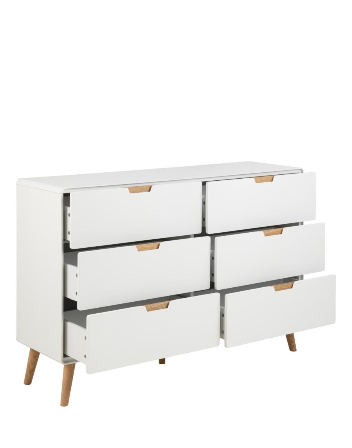 biała komoda lowell z 6 szufladami i dębowymi nogami (23770)