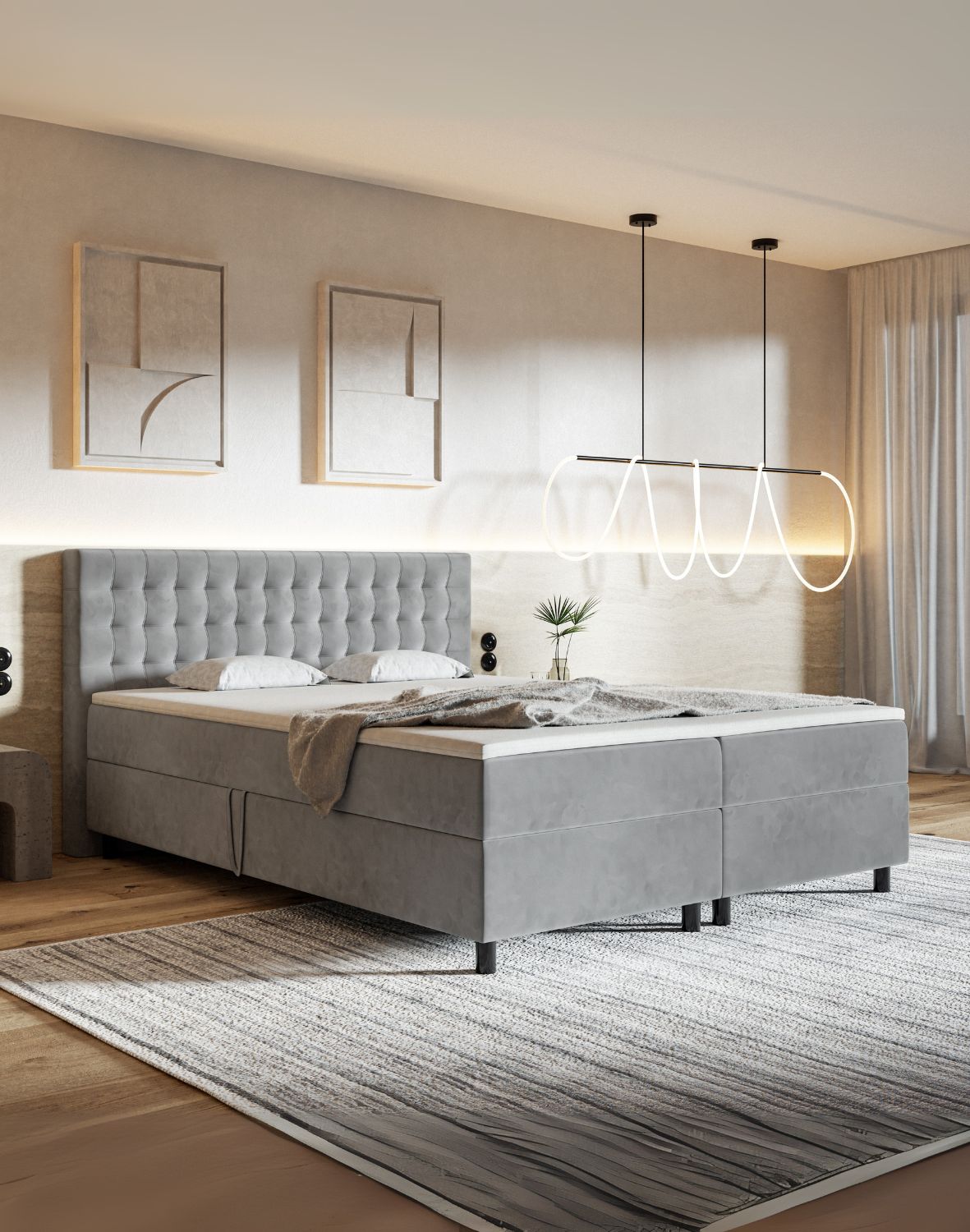 tapicerowane łóżko kontynentalne na nóżkach pilar