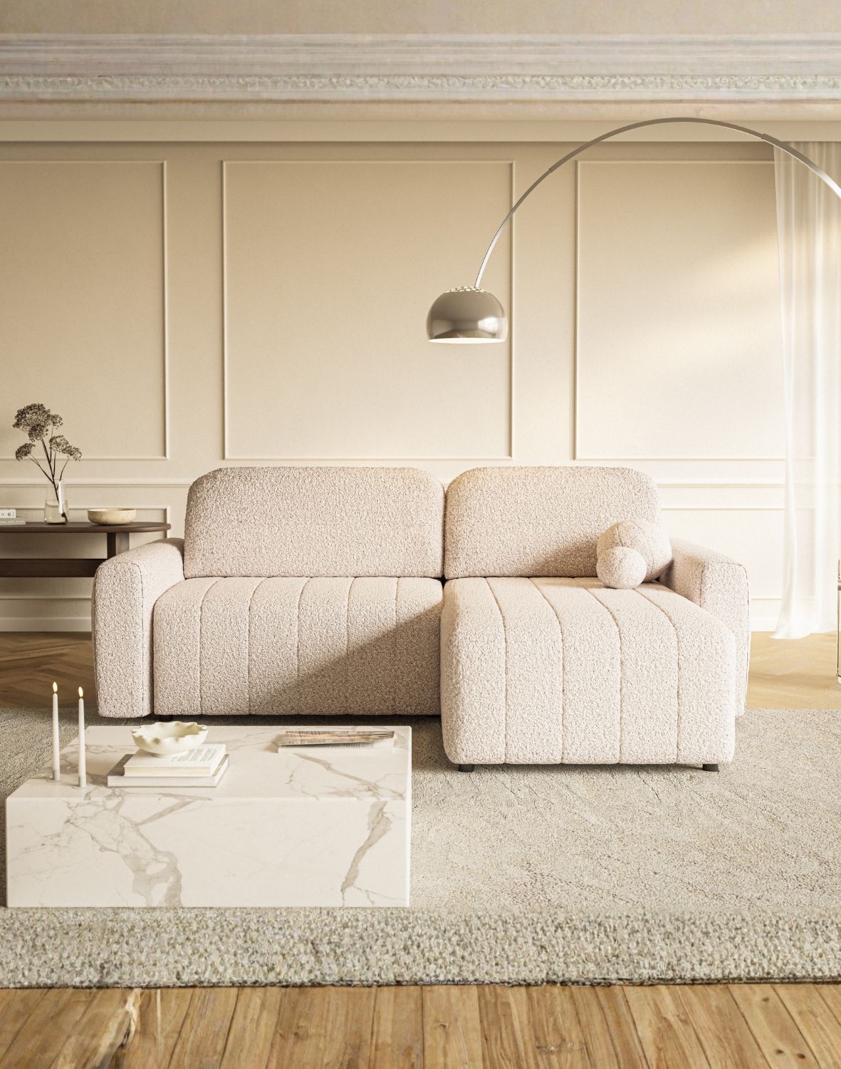 beżowy narożnik luna new w salonie boucle