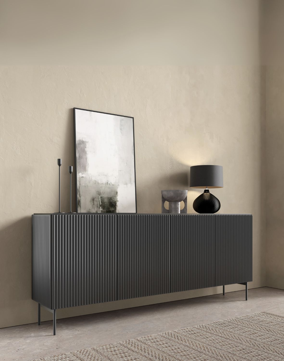 nowoczesna czarna komoda z ryflowanymi frontami muti