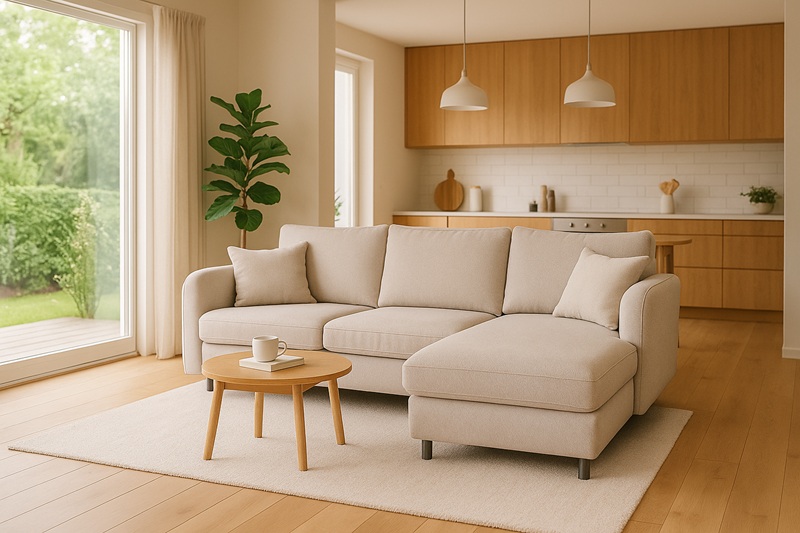 skandynawski salon z aneksem kuchennym z beżowym narożnikiem evola