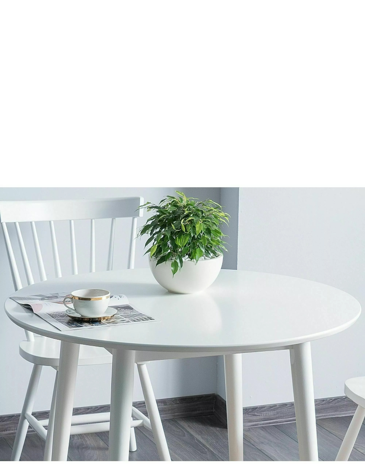 Stół okrągły Larson 90 cm nogi białe lub dębowe – nowoczesny stół do kuchni i jadalni