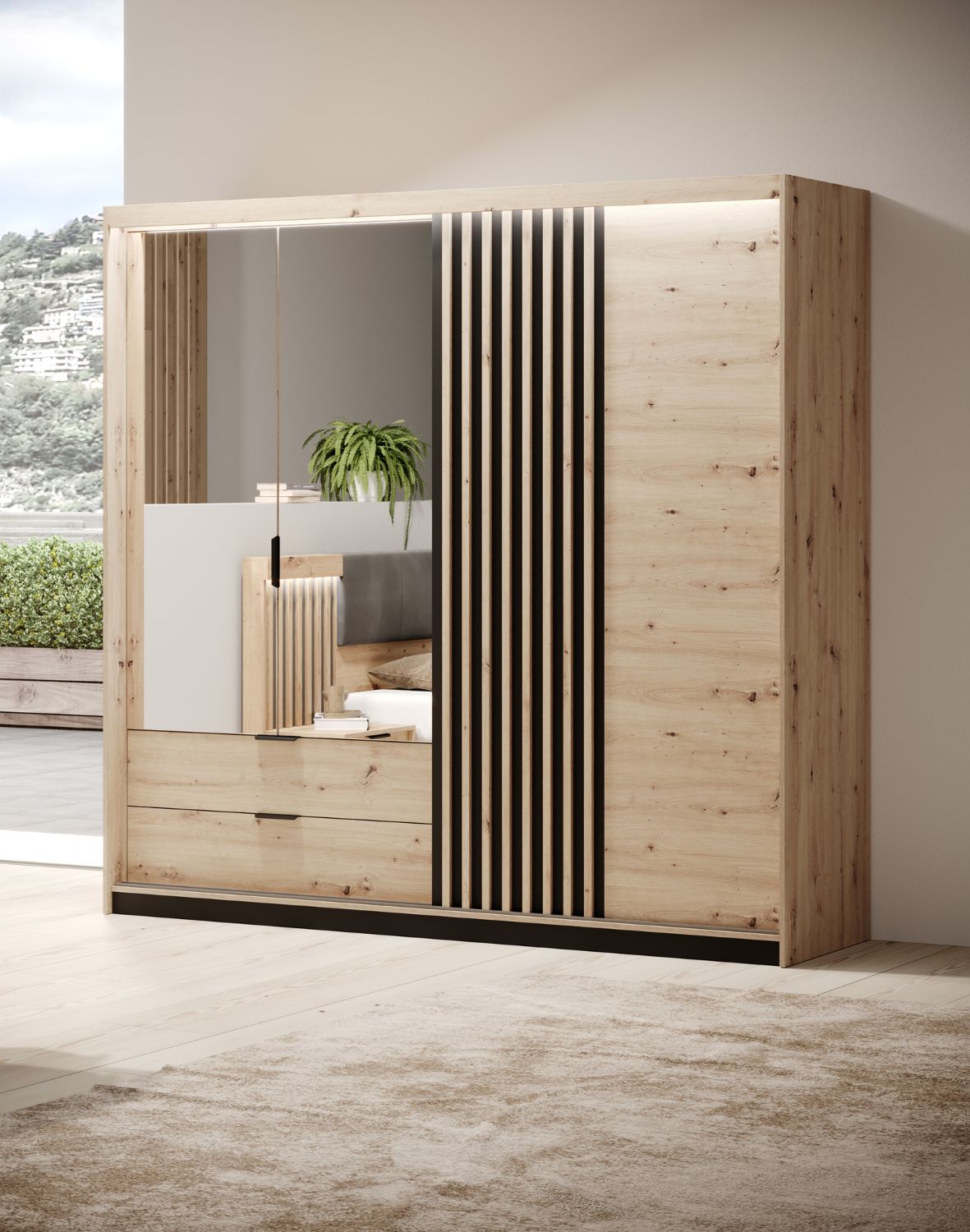 pojemna czterodrzwiowa szafa z lustrem i lamelami tally