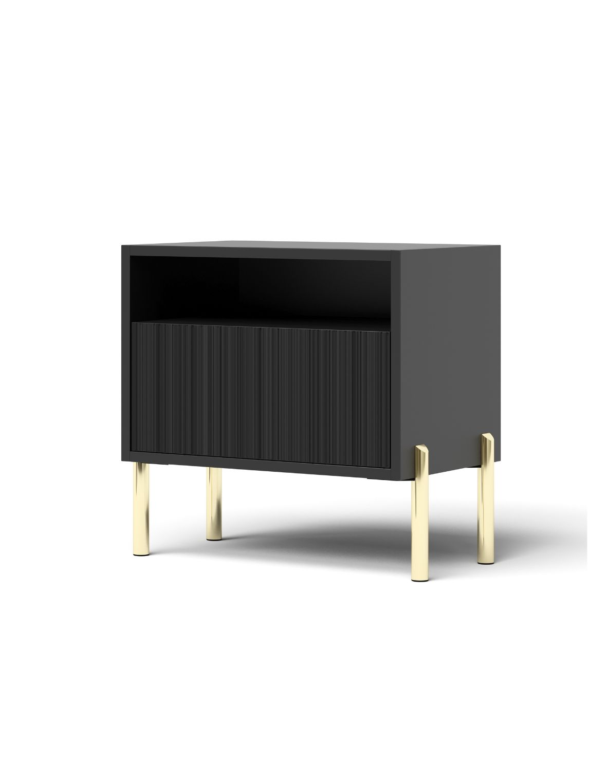 Stolik nocny Oslo czarny 50 cm – ryflowany front, złote nóżki, nowoczesny