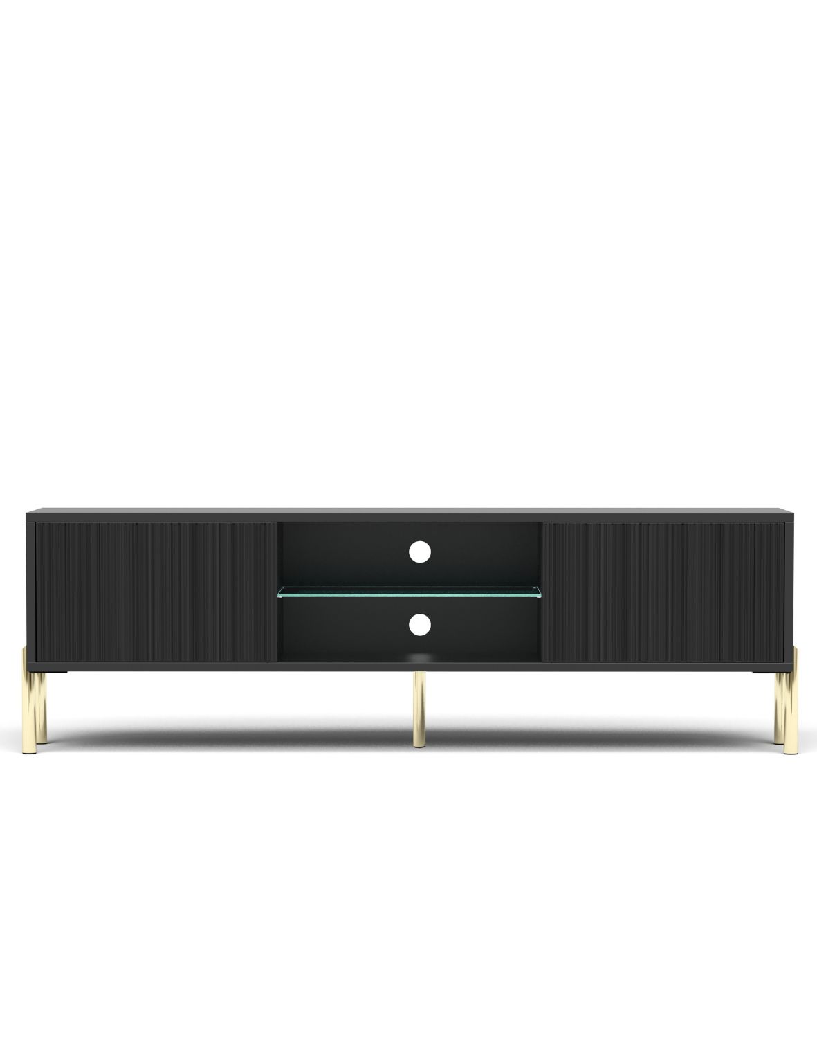 Szafka RTV Oslo czarna 135 cm ryflowany front, złote nóżki, nowoczesna