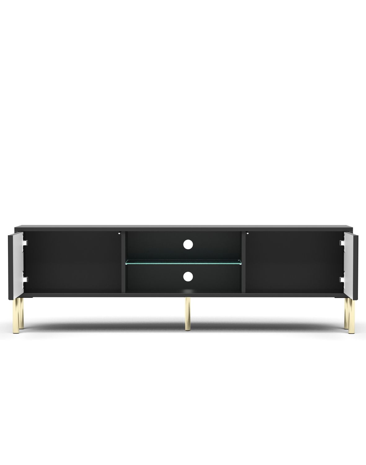 Szafka RTV Oslo czarna 135 cm ryflowany front, złote nóżki, nowoczesna