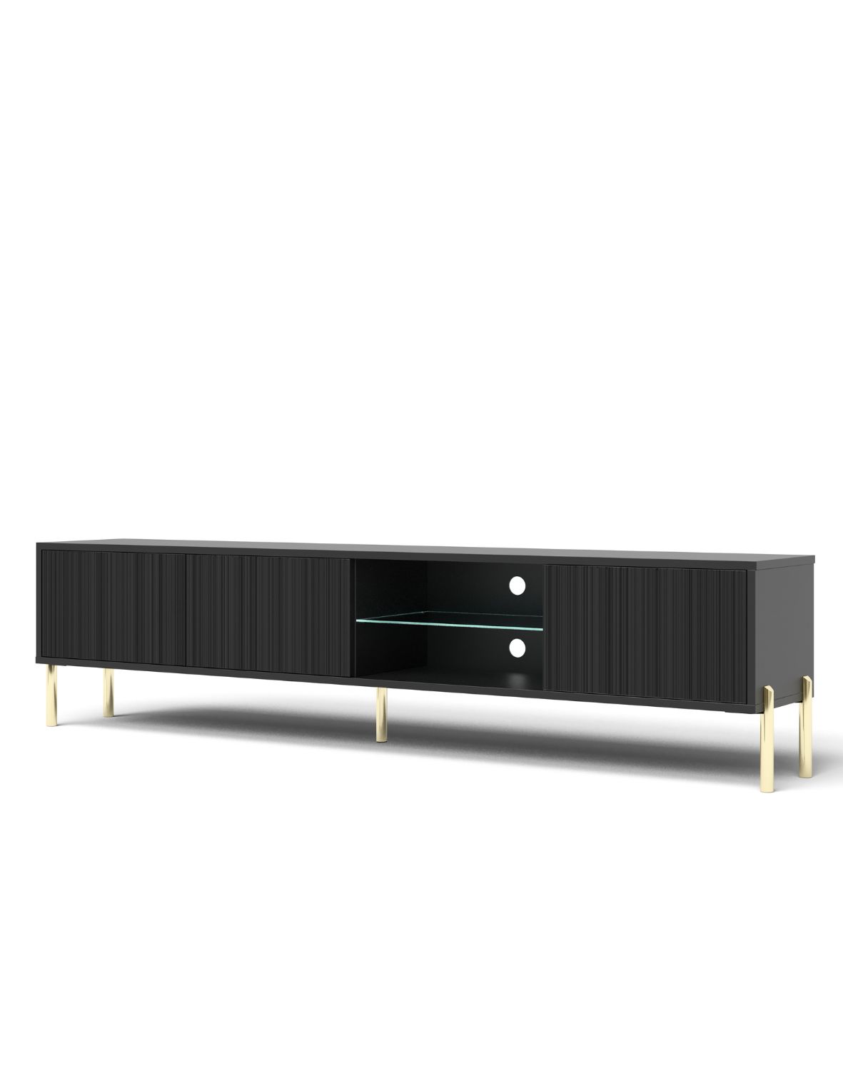 Szafka RTV Oslo czarna 175 cm ryflowany front, złote nóżki, nowoczesna