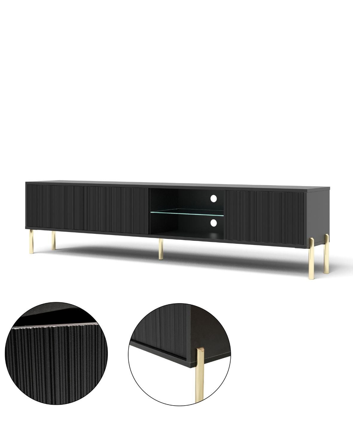 Szafka RTV Oslo czarna 175 cm ryflowany front, złote nóżki, nowoczesna