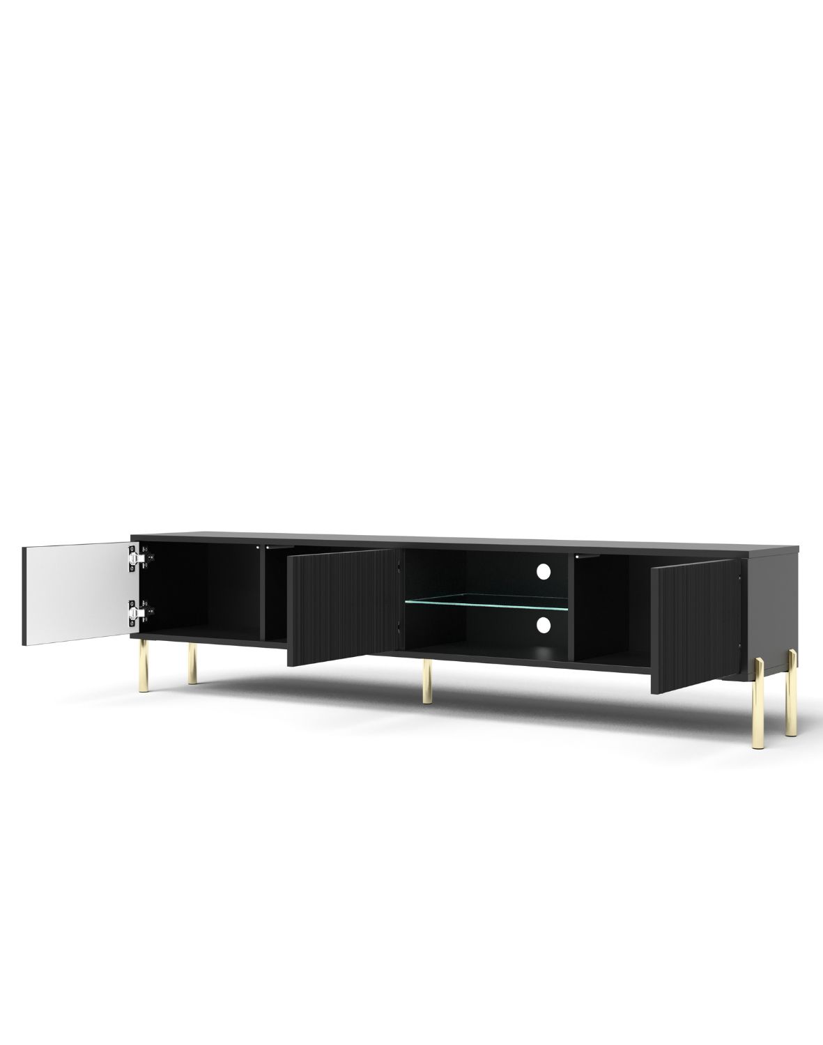 Szafka RTV Oslo czarna 175 cm ryflowany front, złote nóżki, nowoczesna