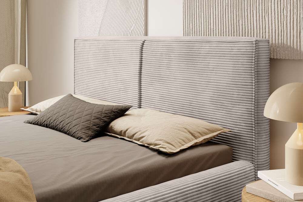 sztruksowe łóżko tapicerowane ze stależem i pojemnikiem inez