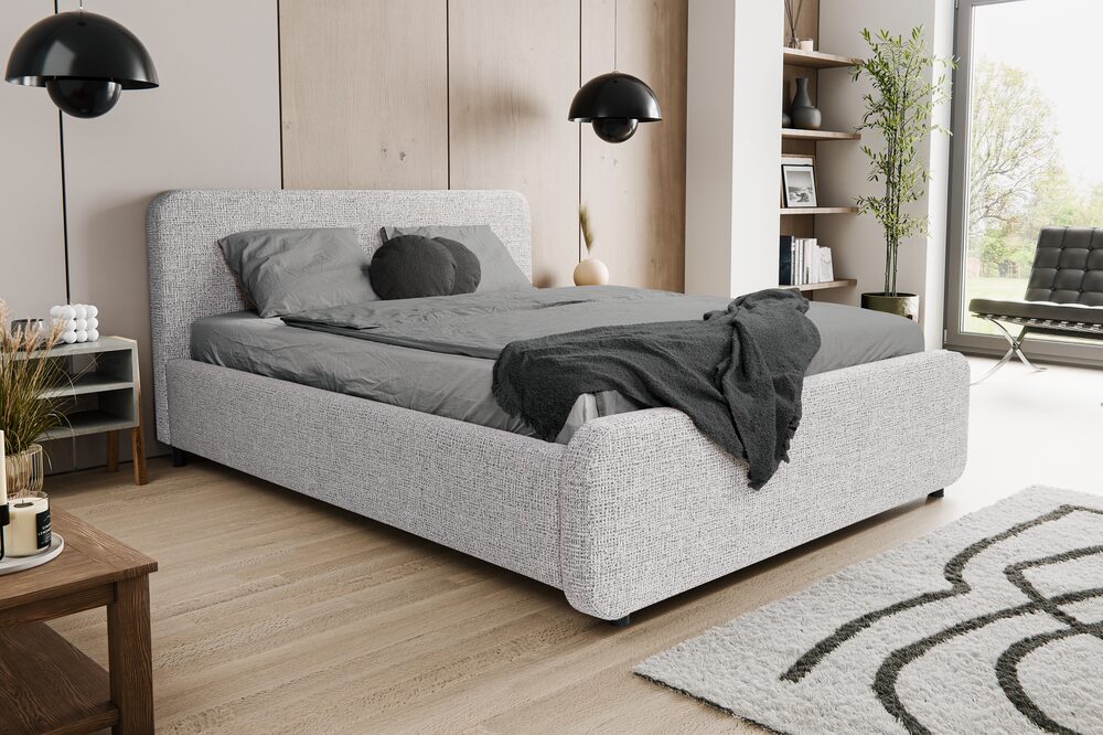 tapicerowane łóżko do sypialni z pojemnikiem hogan