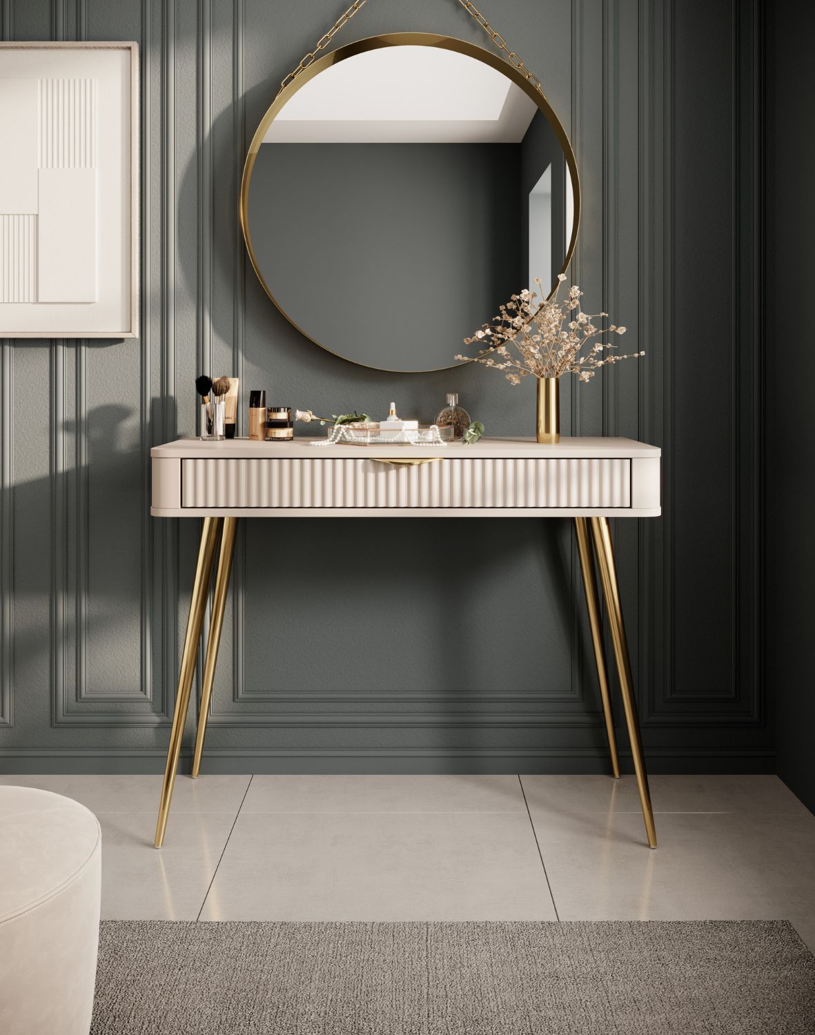 beżowa toaletka do sypialni na złotych nóżkach lante j