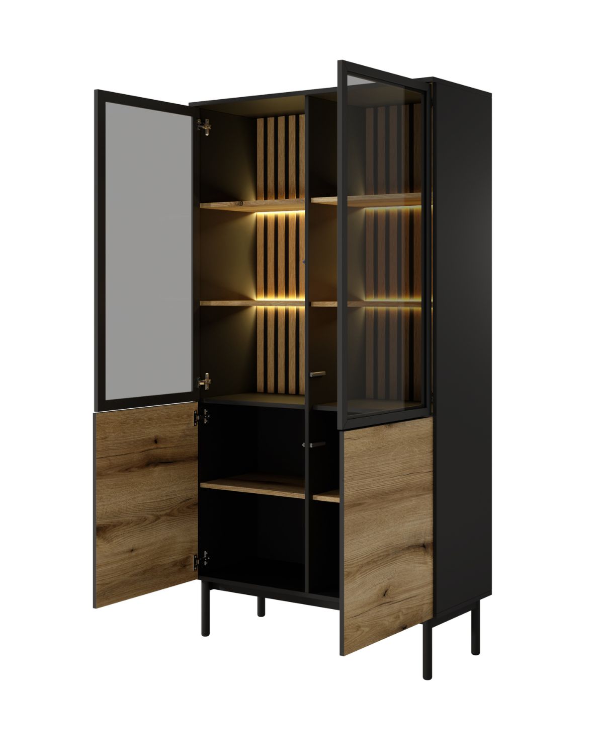 wysoka witryna do salonu z oświetleniem led lang a