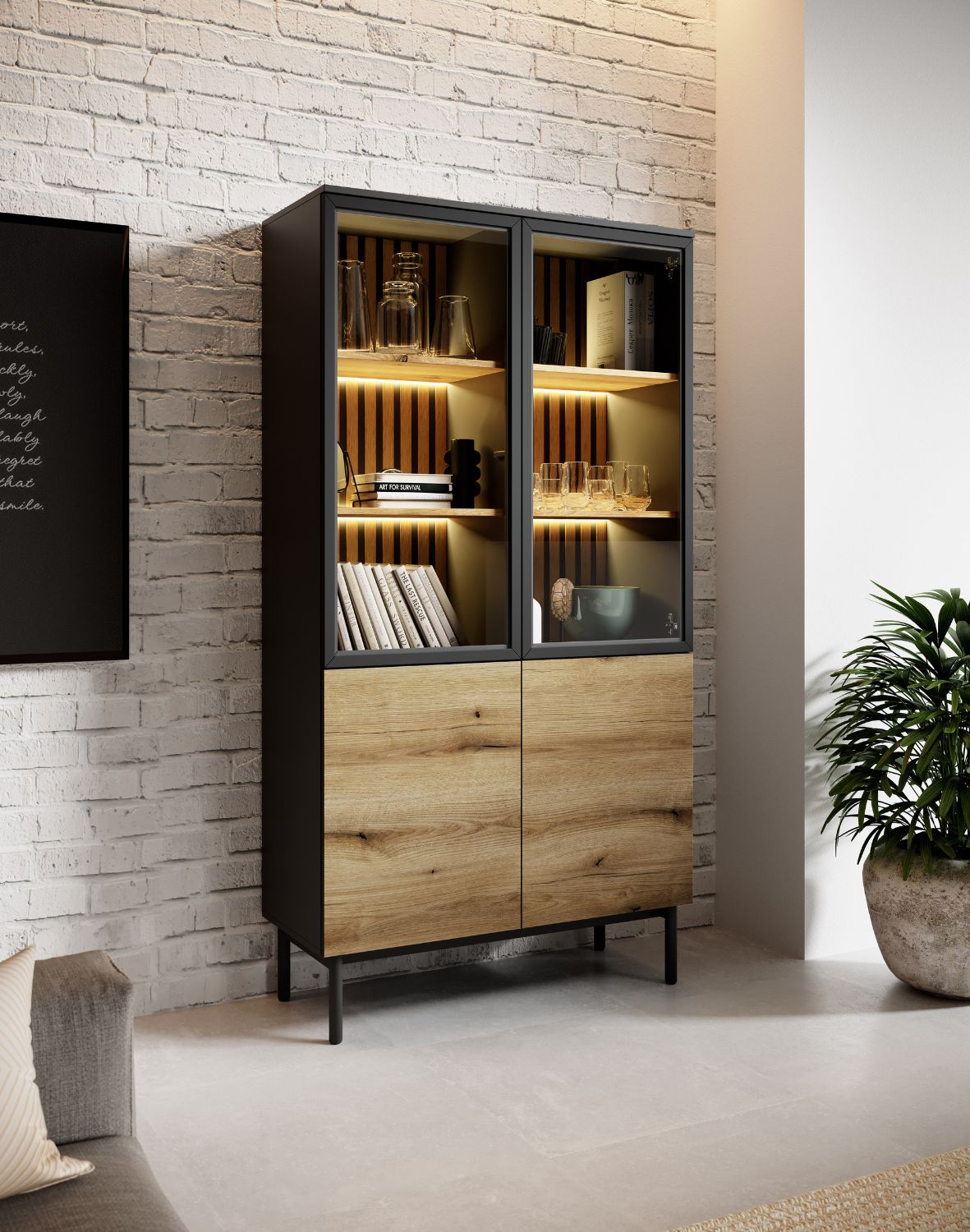 wysoka witryna do salonu z oświetleniem led lang a