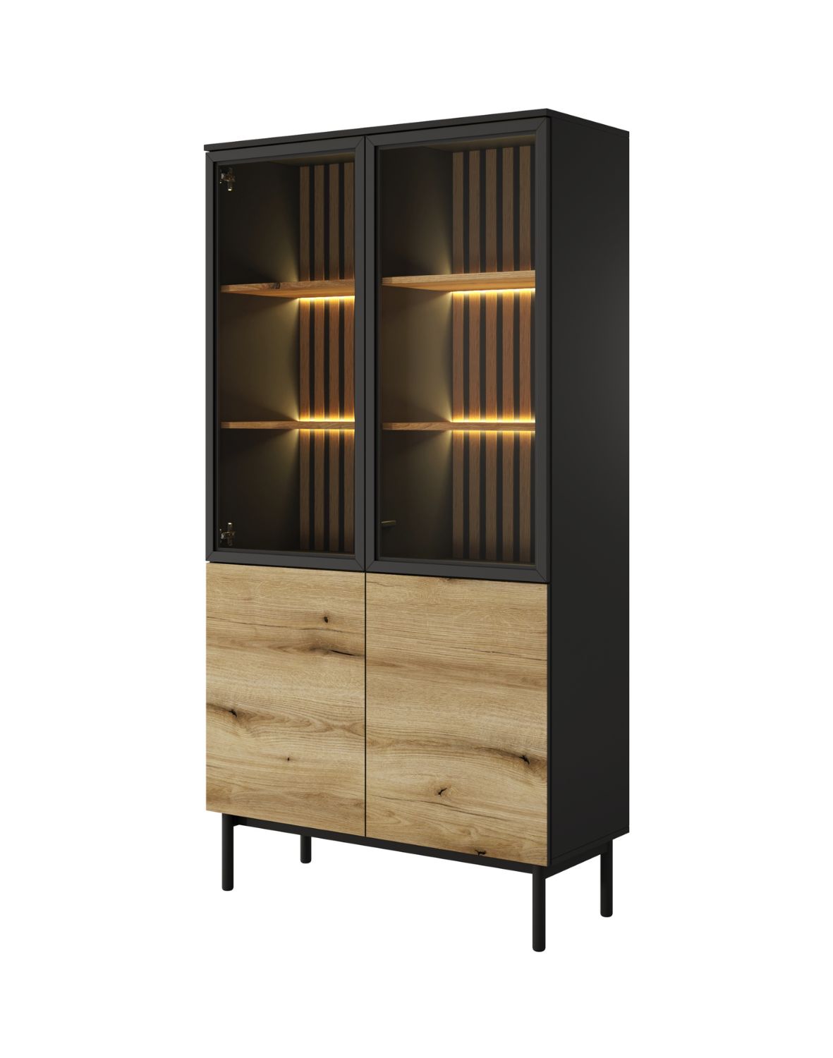 wysoka witryna do salonu z oświetleniem led lang a